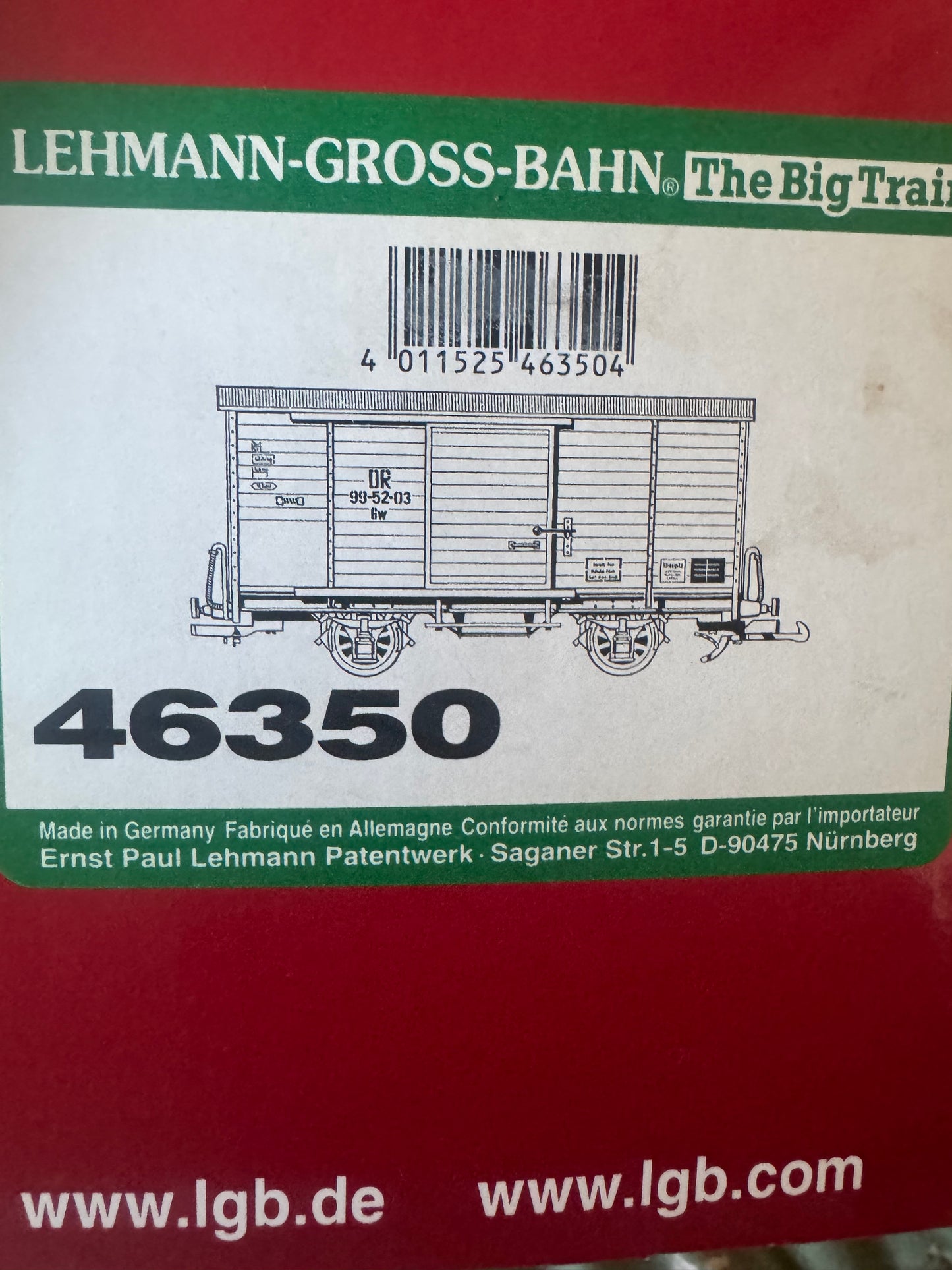 LGB 46350 (G Scale) Deutsche Reichsbahn 6T Box Van No.99-52-03 in DR Bauxite.