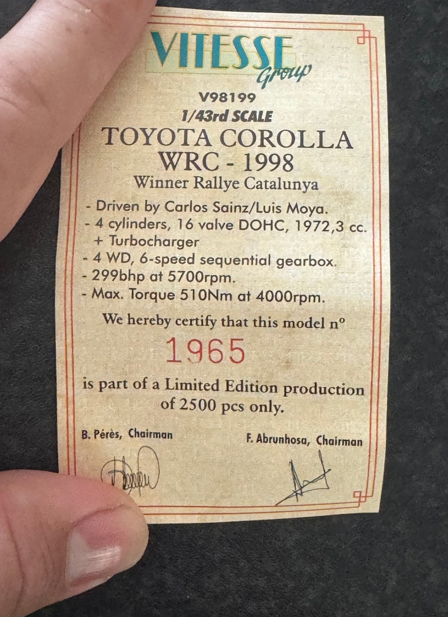 Vitesse V98199 (1:43) 1998 World Rally Championship, Toyota Corolla as driven by Carlos Sainz Sr and Co Driver Luis Moya. Limited edition No.1965 or 2500.
