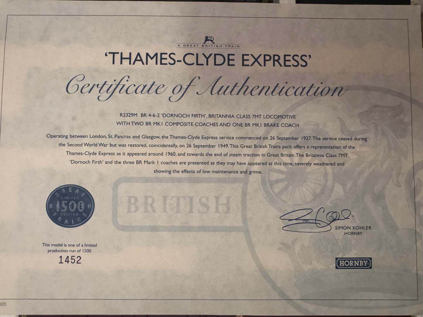 Hornby R2329M (OO) The Thames-Clyde Express, Train Pack. Special Edition No.1452 of 1500.