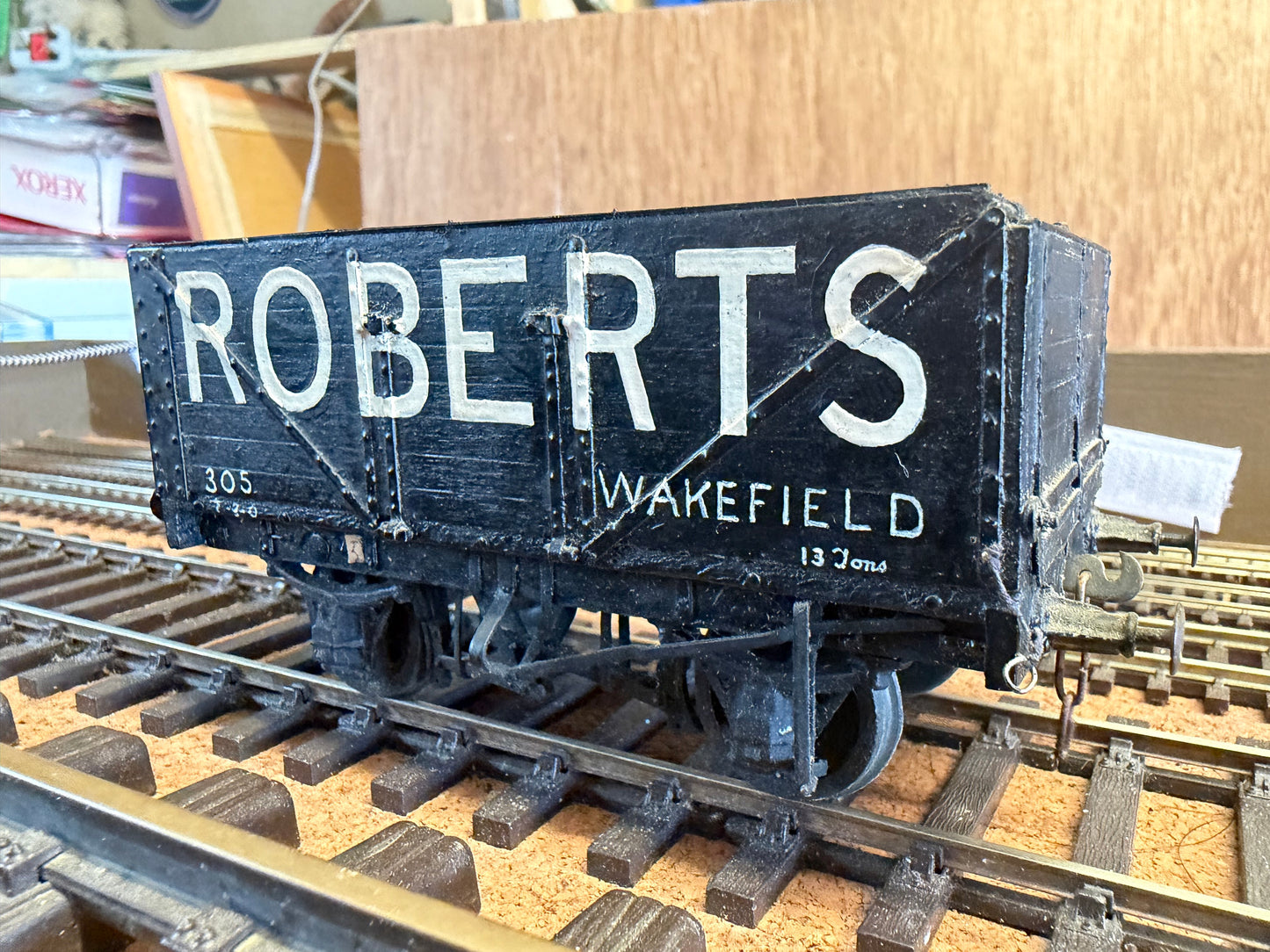 Scratch Built (O Gauge) Charles Roberts & Co Wagon Hire 13T Eight Plank Wagon No.305. In Robert’s Plank with coal load. 