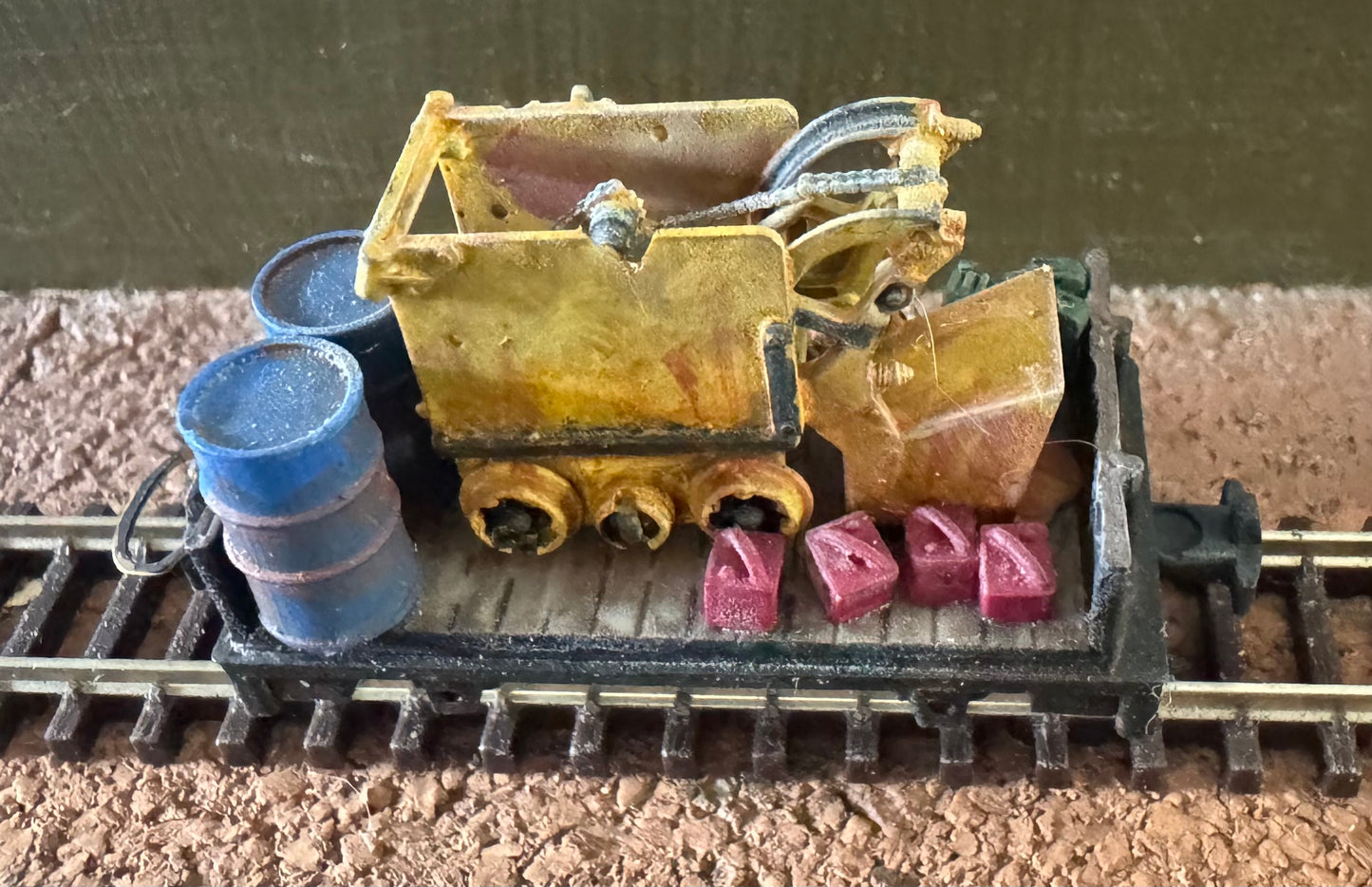 KD Railway (OO9) Open Side Plank Wagon, with Mining Machine Load. 