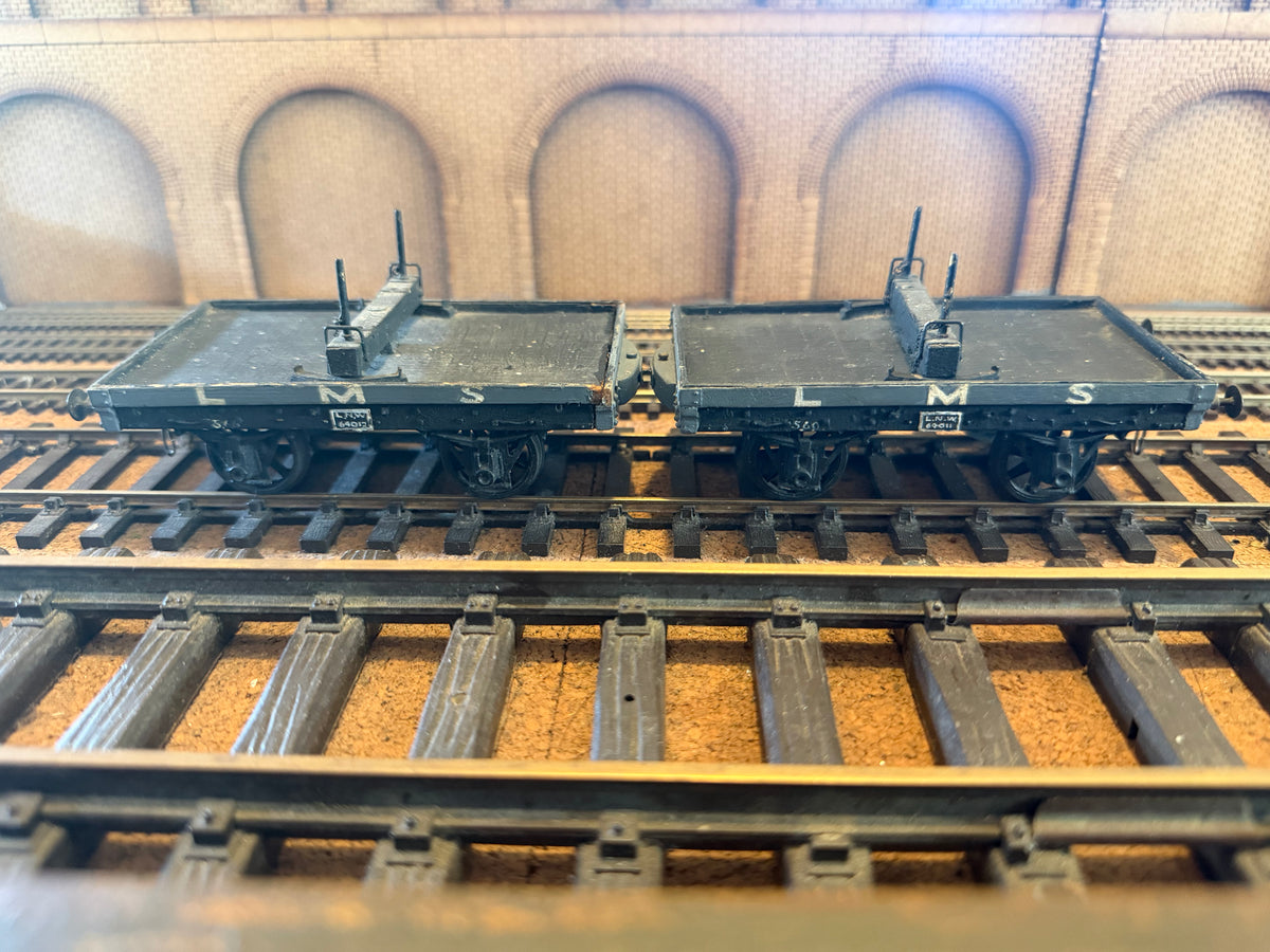 Scratch Built (O Gauge) Ex LNWR Four Wheel Rail Bolster Wagon set No.64011 & 64012 in LMS Grey 