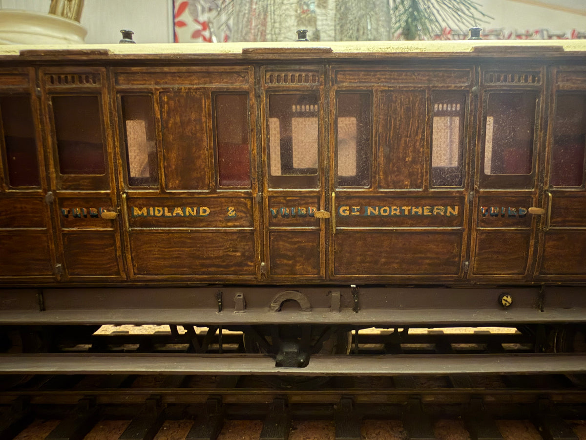 Manufacturer Unknown (O Gauge) Midland & Great Northern Joint Railway, Six Wheel Third Class Compartment Coach No.110. In Work Worn Teak 