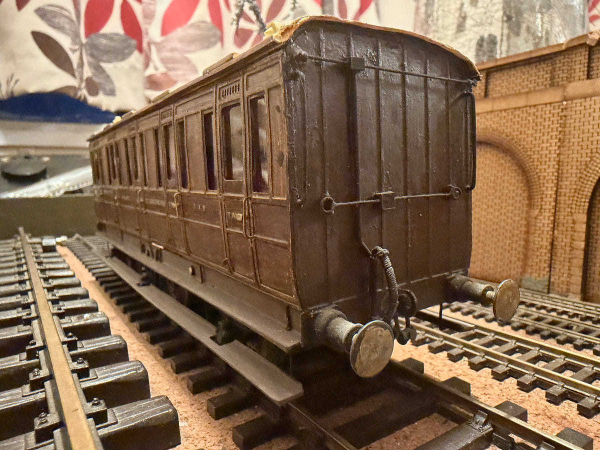 Manufacturer Unknown (O Gauge) Midland & Great Northern Joint Railway, Six Wheel Third Class Compartment Coach No.110. In Work Worn Teak 