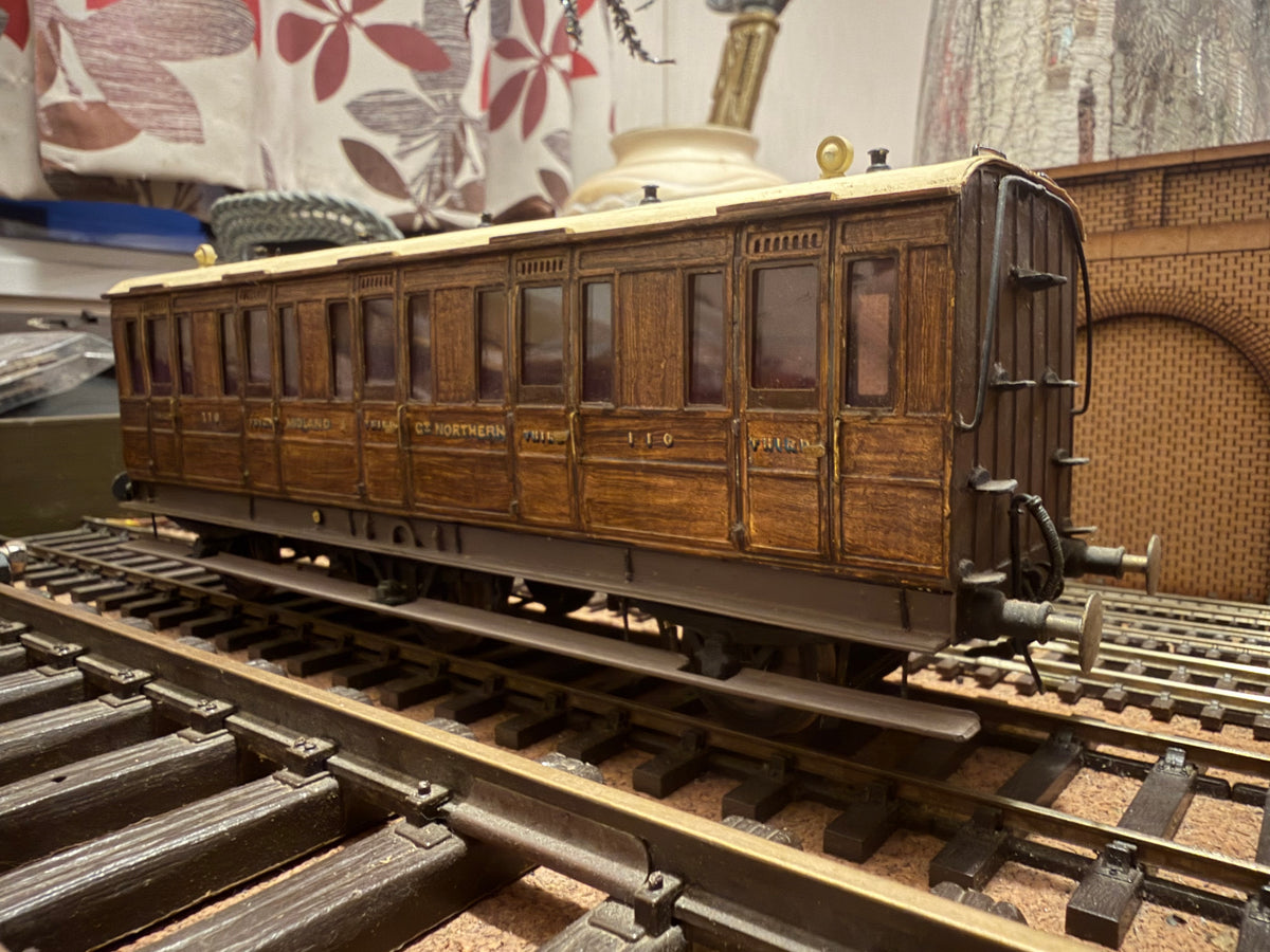 Manufacturer Unknown (O Gauge) Midland & Great Northern Joint Railway, Six Wheel Third Class Compartment Coach No.110. In Work Worn Teak 