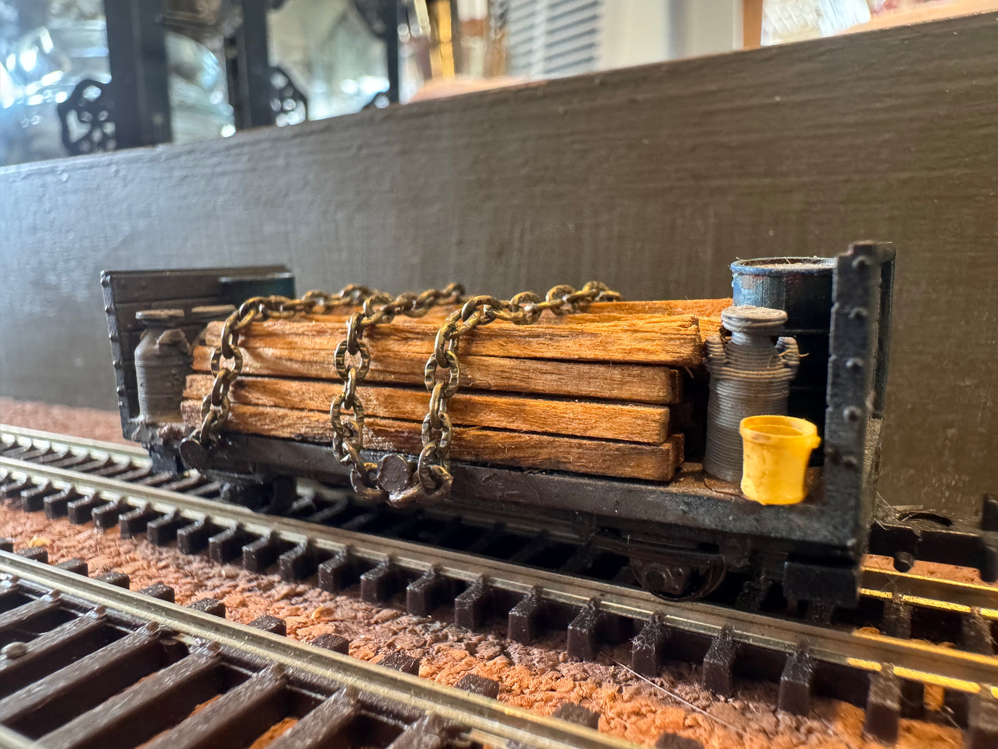 KD Railway (OO9) Long Wheel Base Open Side Wagon with Timber Load and Barrel load 
