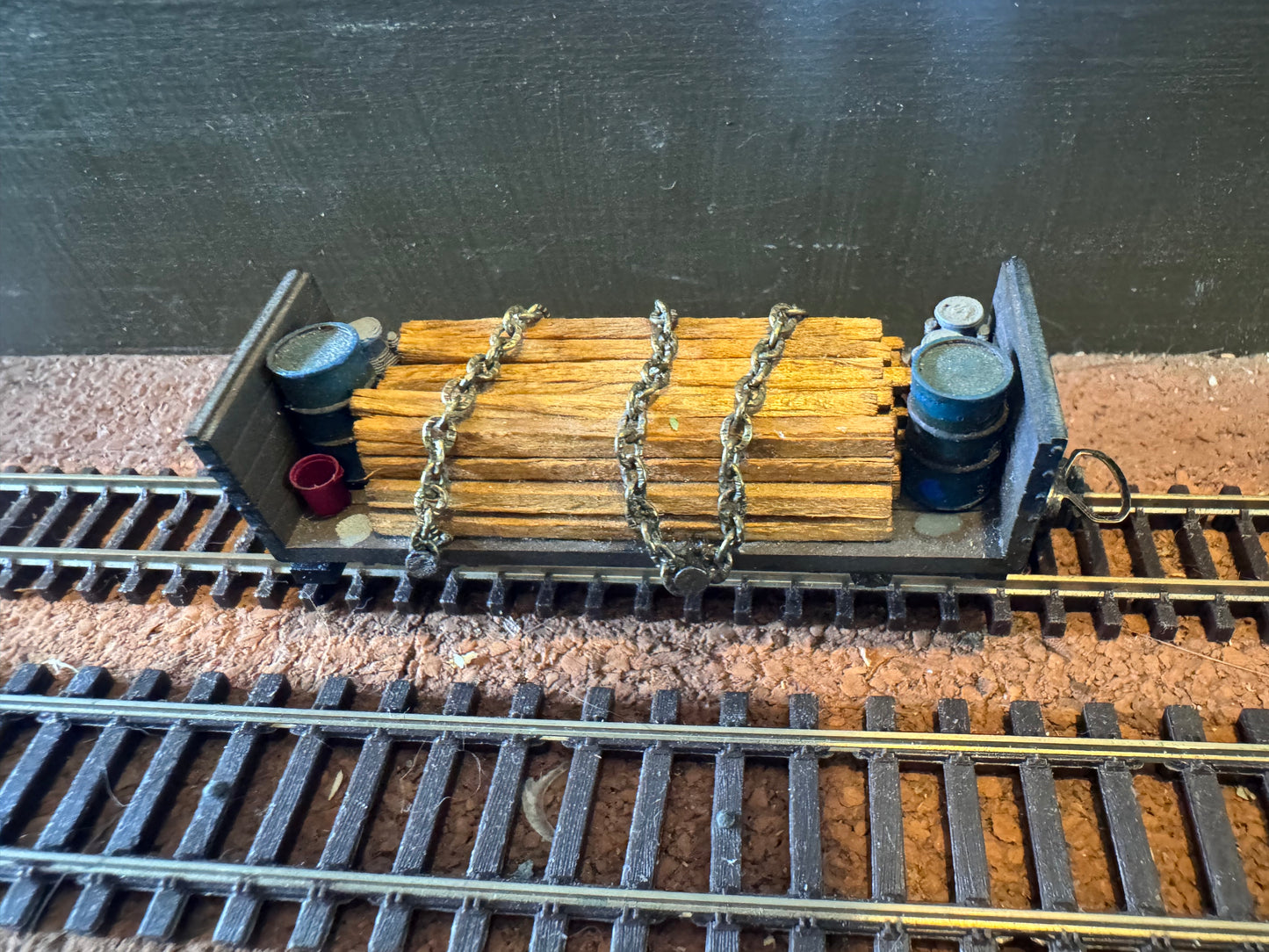 KD Railway (OO9) Long Wheel Base Open Side Wagon with Timber Load and Barrel load 