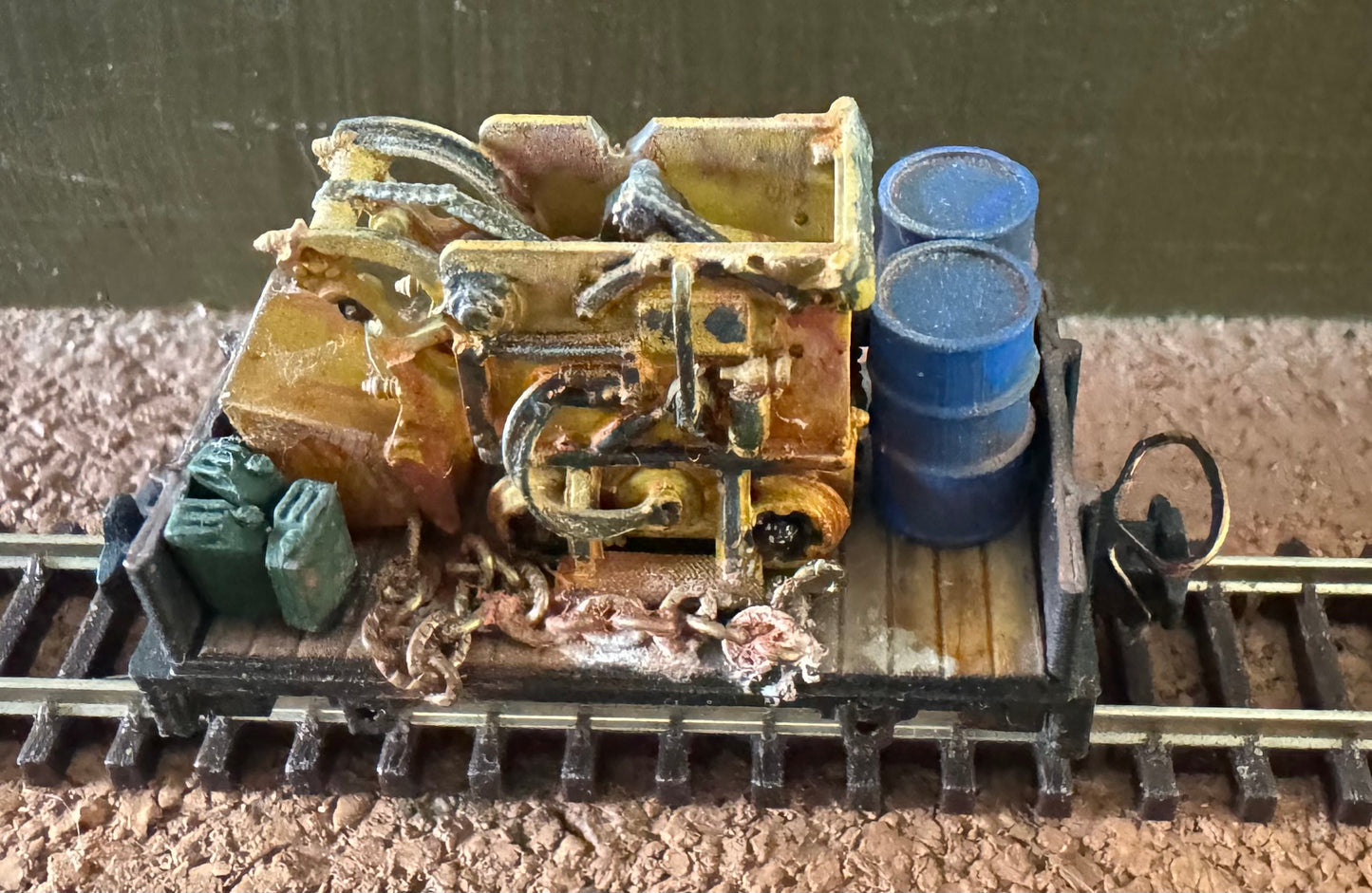 KD Railway (OO9) Open Side Plank Wagon, with Mining Machine Load. 