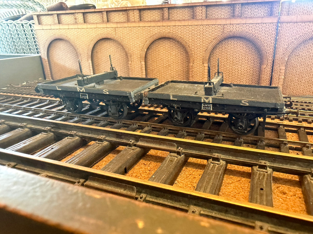 Scratch Built (O Gauge) Ex LNWR Four Wheel Rail Bolster Wagon set No.64011 & 64012 in LMS Grey 