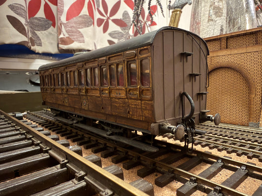 Manufacturer Unknown (O Gauge) Ex E&MR Six Wheel Composite Coach No.56 in work worn Midland & Great Northern Joint Railway Teak. 