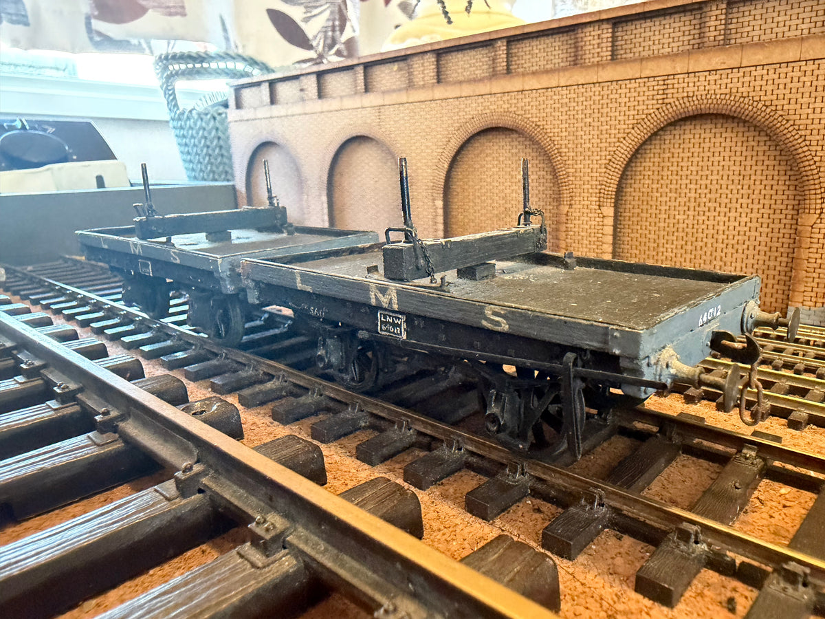 Scratch Built (O Gauge) Ex LNWR Four Wheel Rail Bolster Wagon set No.64011 & 64012 in LMS Grey 