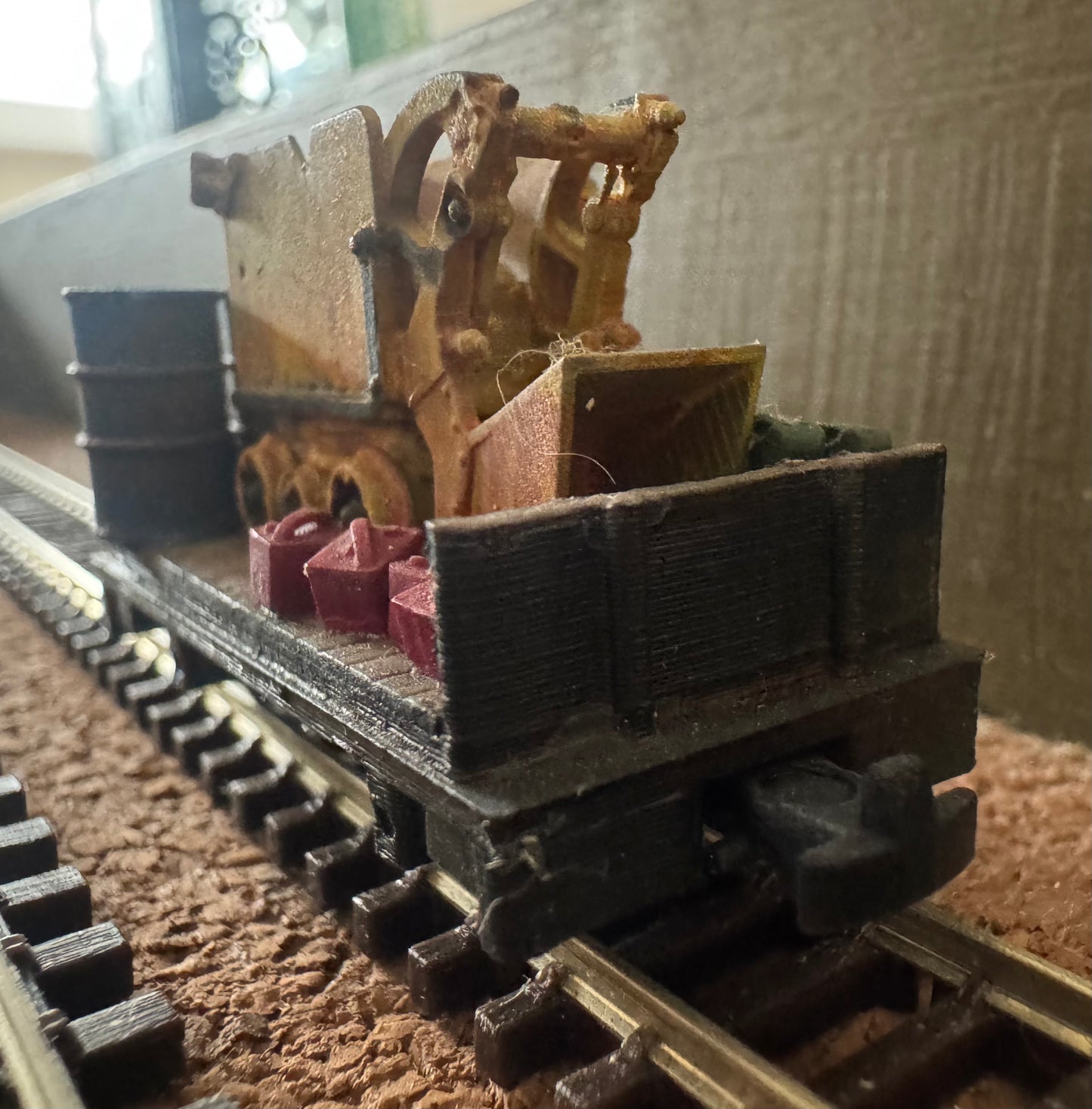KD Railway (OO9) Open Side Plank Wagon, with Mining Machine Load. 