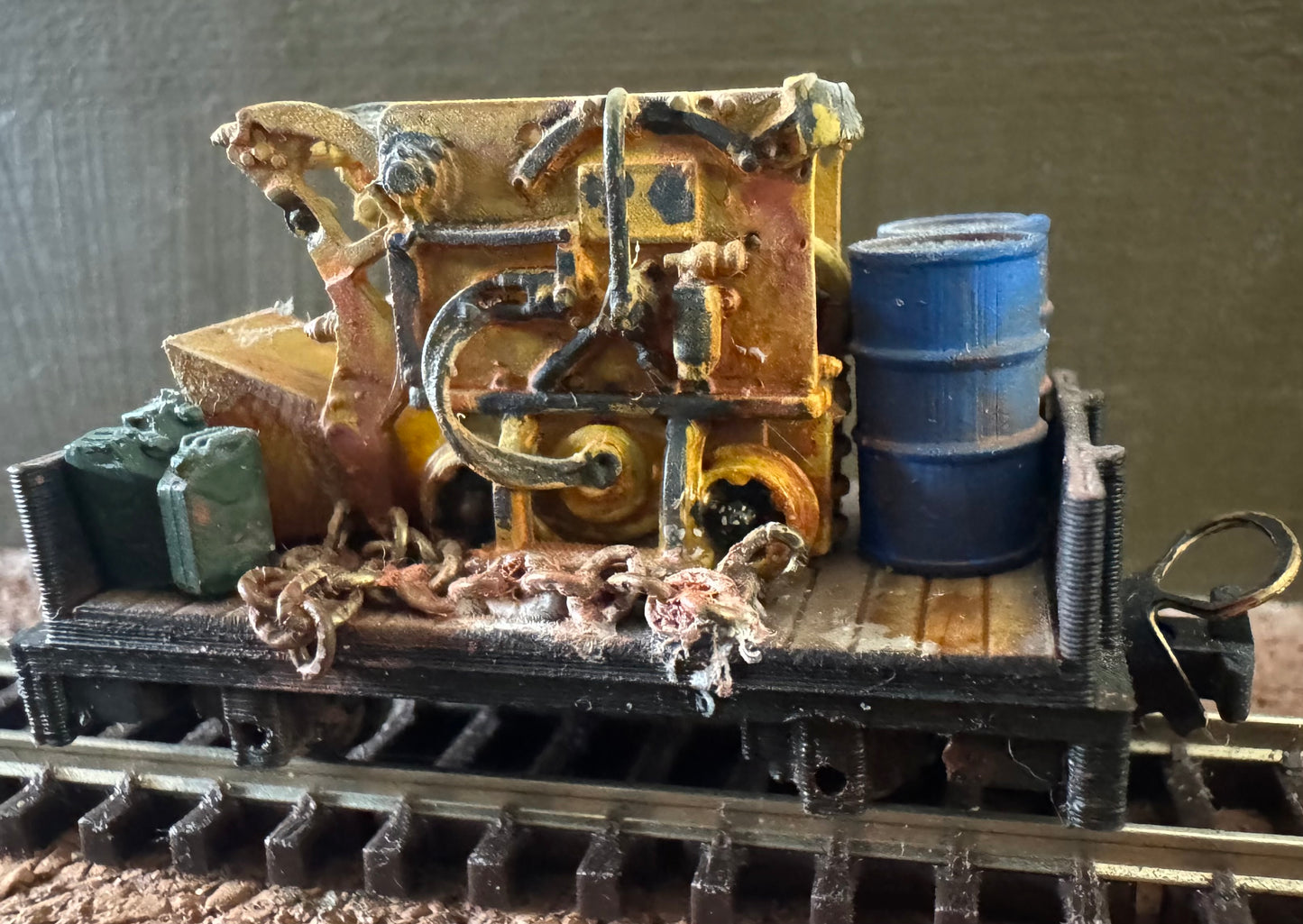 KD Railway (OO9) Open Side Plank Wagon, with Mining Machine Load. 