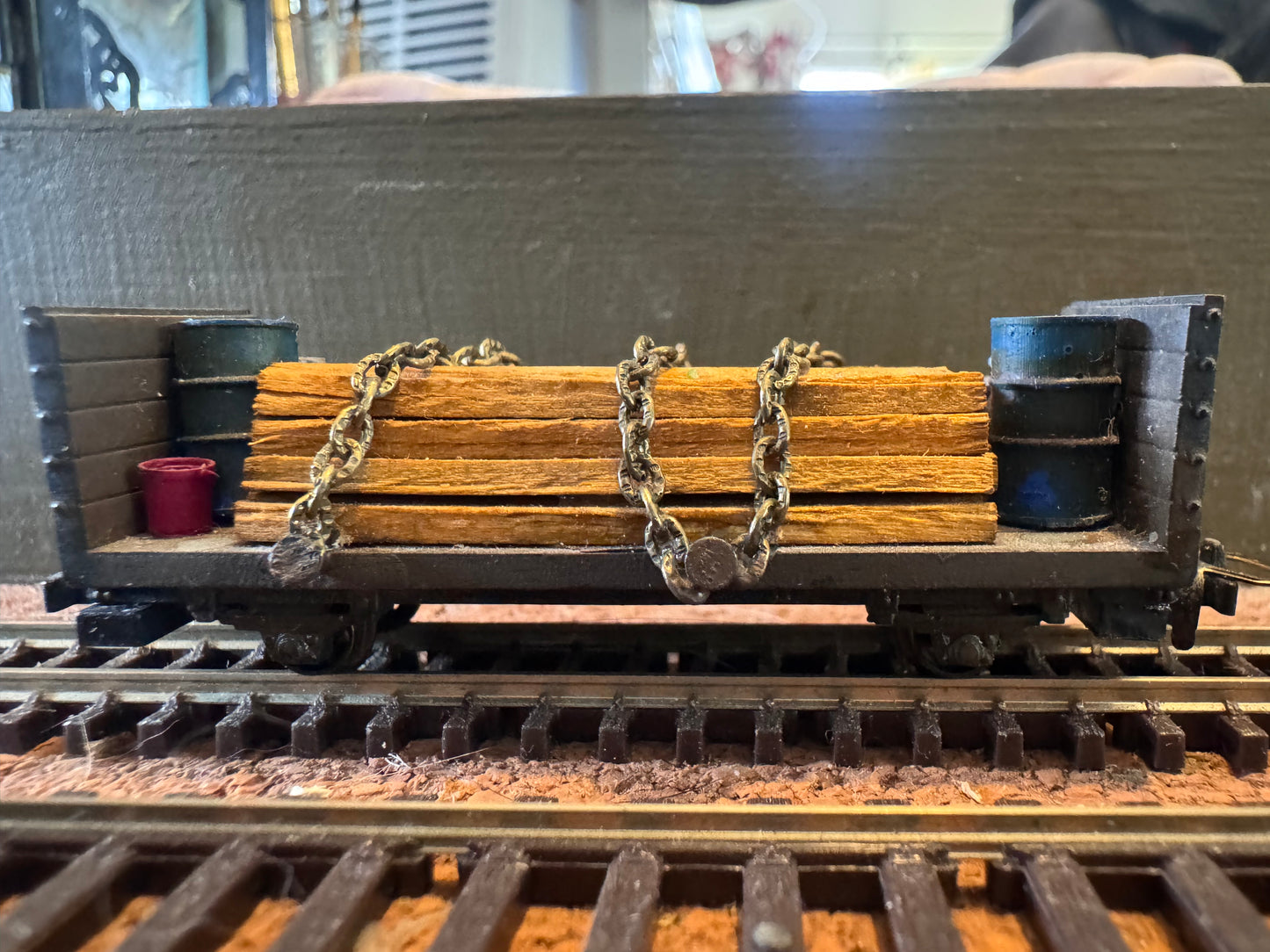 KD Railway (OO9) Long Wheel Base Open Side Wagon with Timber Load and Barrel load 