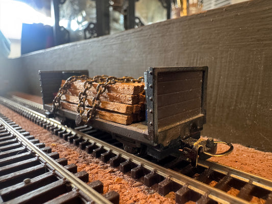 KD Railway (OO9) Long Wheel Base Open Side Wagon with Timber Load and Barrel load 