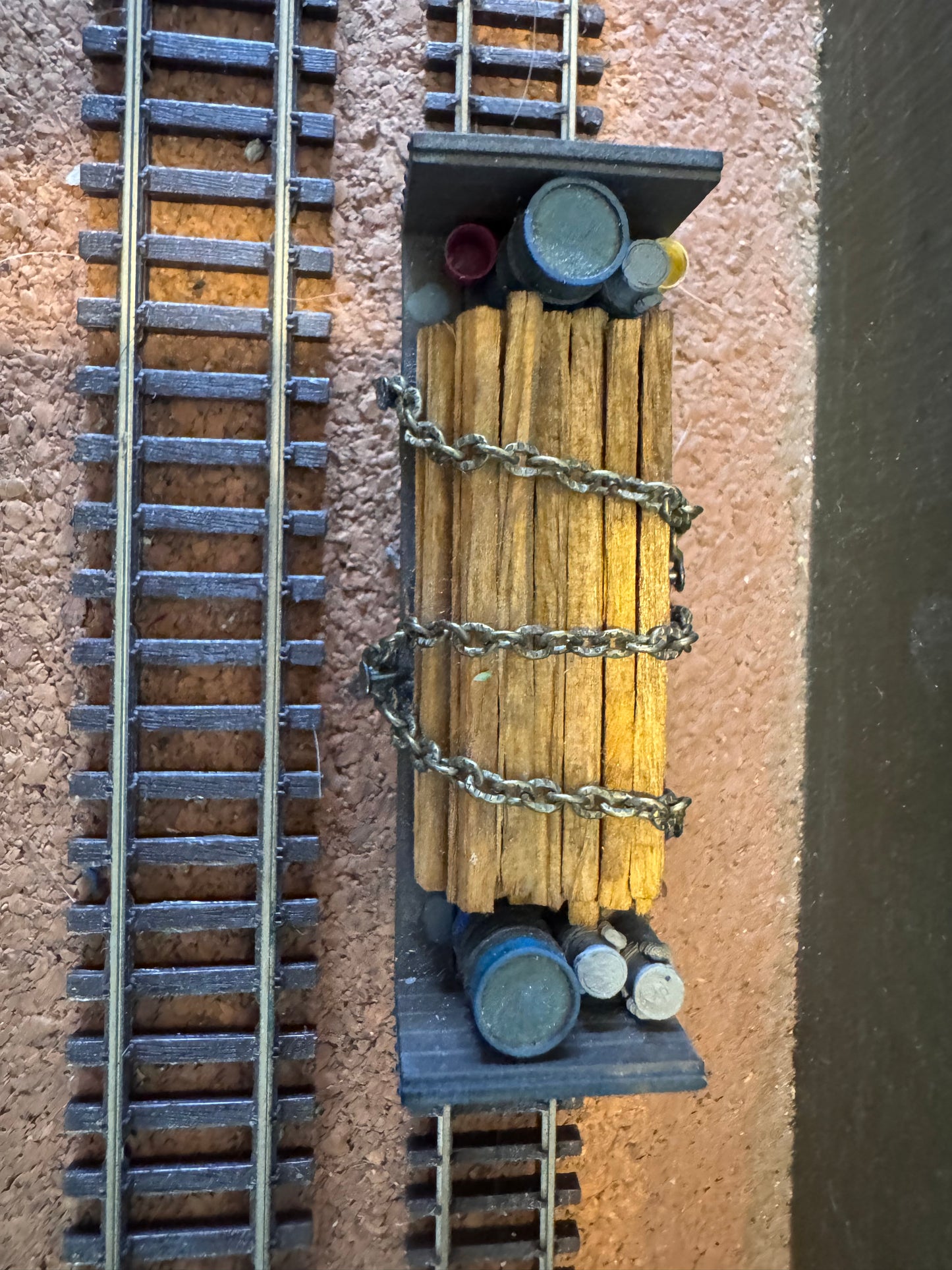KD Railway (OO9) Long Wheel Base Open Side Wagon with Timber Load and Barrel load 