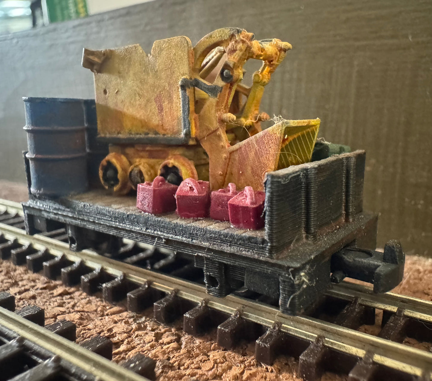 KD Railway (OO9) Open Side Plank Wagon, with Mining Machine Load. 