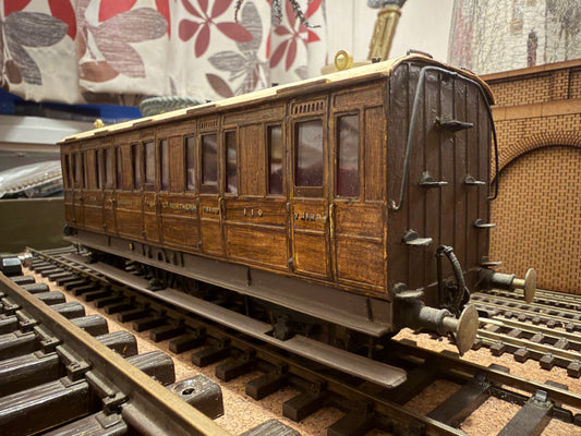 Manufacturer Unknown (O Gauge) Midland & Great Northern Joint Railway, Six Wheel Third Class Compartment Coach No.110. In Work Worn Teak 
