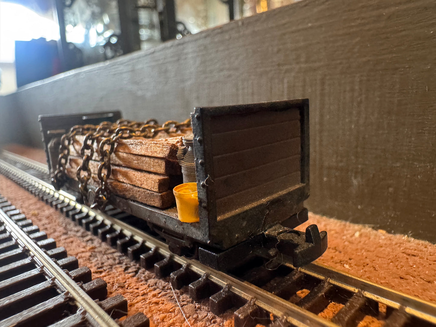 KD Railway (OO9) Long Wheel Base Open Side Wagon with Timber Load and Barrel load 