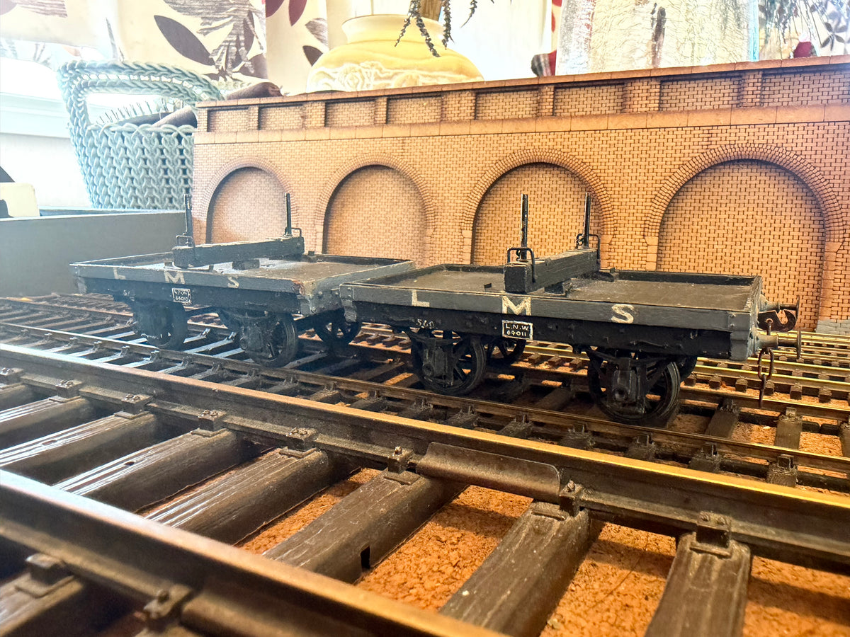 Scratch Built (O Gauge) Ex LNWR Four Wheel Rail Bolster Wagon set No.64011 & 64012 in LMS Grey 