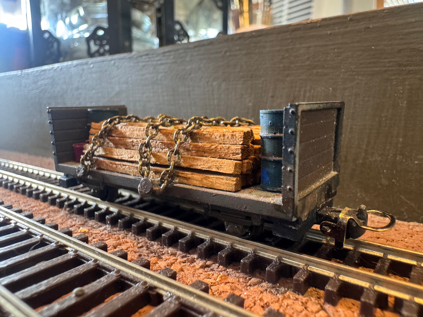 KD Railway (OO9) Long Wheel Base Open Side Wagon with Timber Load and Barrel load 
