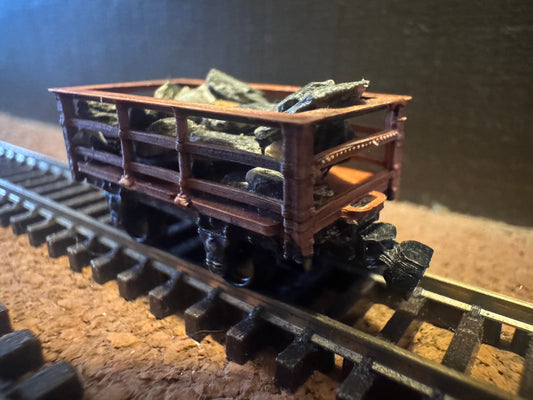 Manufacturer Unknown (OO9) Slate Wagon with uncut slate load, and magnetic couplings. 