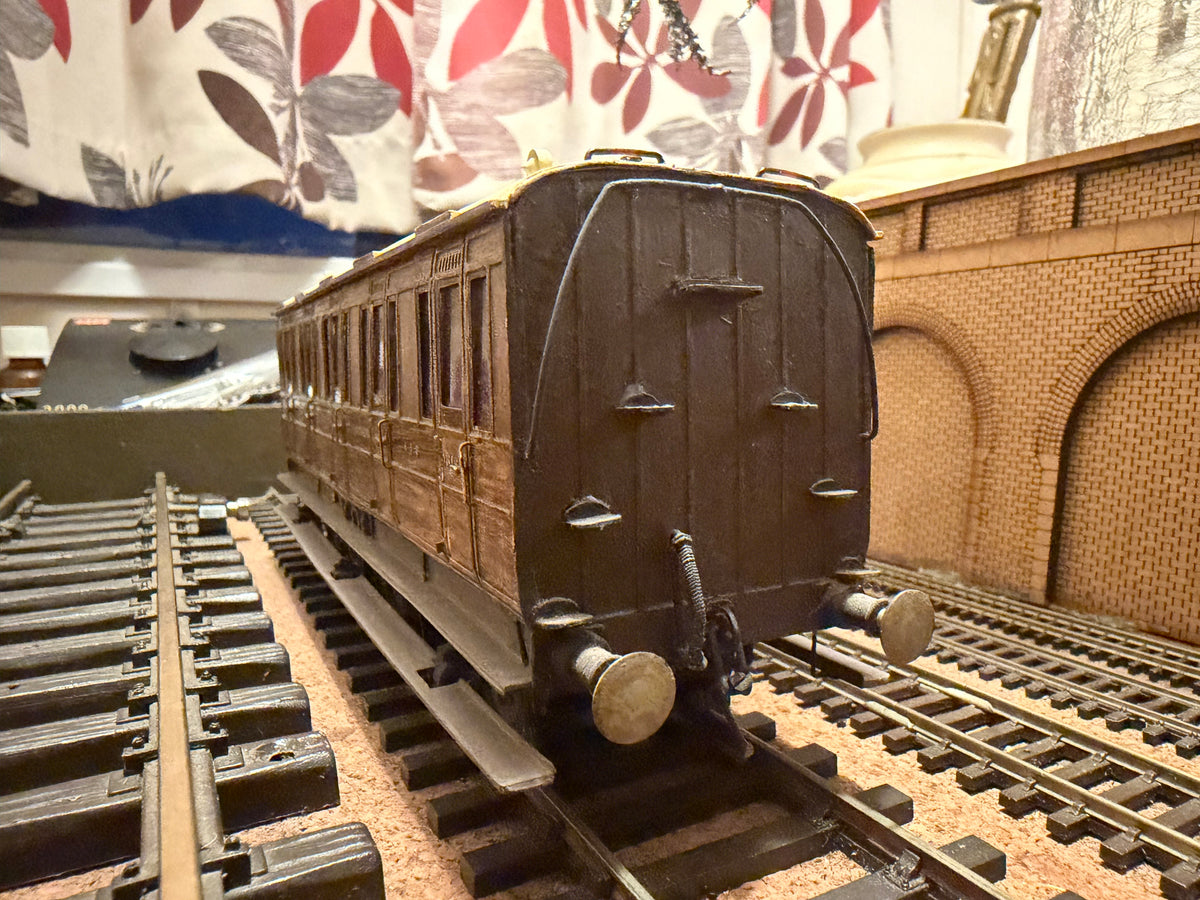 Manufacturer Unknown (O Gauge) Midland & Great Northern Joint Railway, Six Wheel Third Class Compartment Coach No.110. In Work Worn Teak 