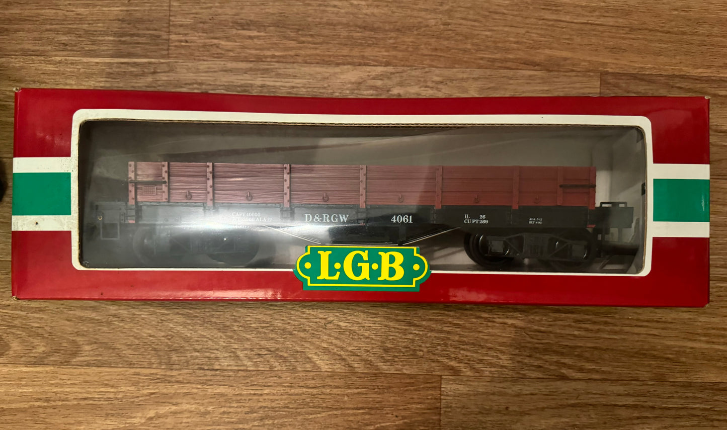 LGB (G Scale) Denver and Rio Grande Western Railroad, 8 wheel bogied, 3 plank open wagon No.4061