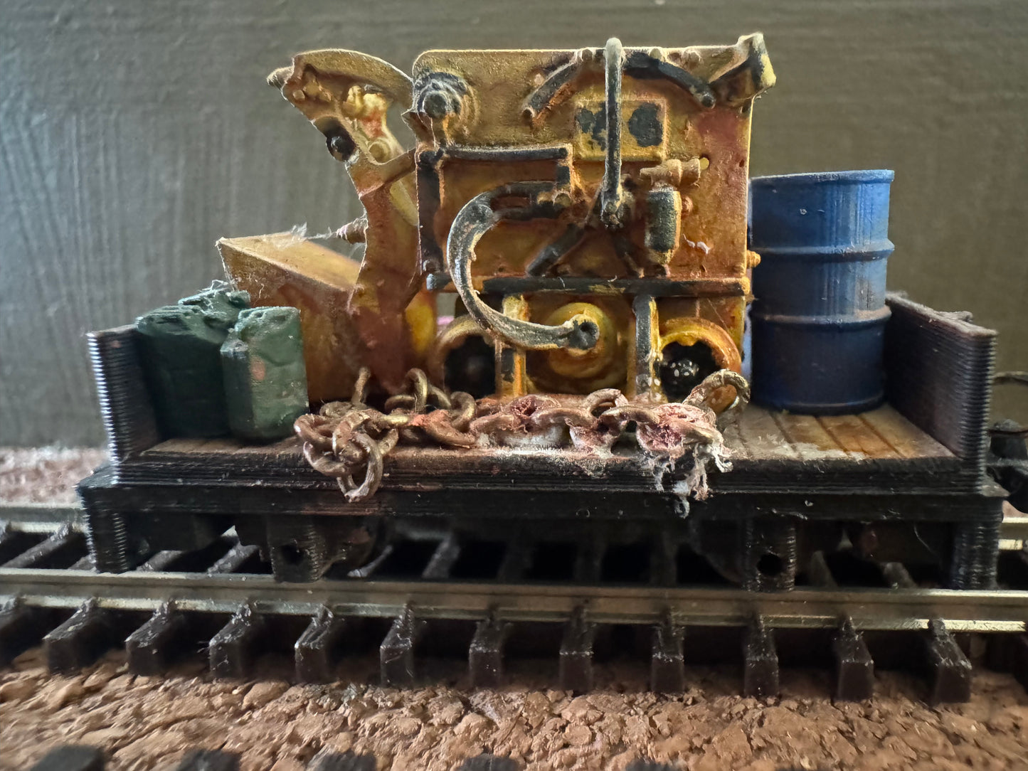 KD Railway (OO9) Open Side Plank Wagon, with Mining Machine Load. 