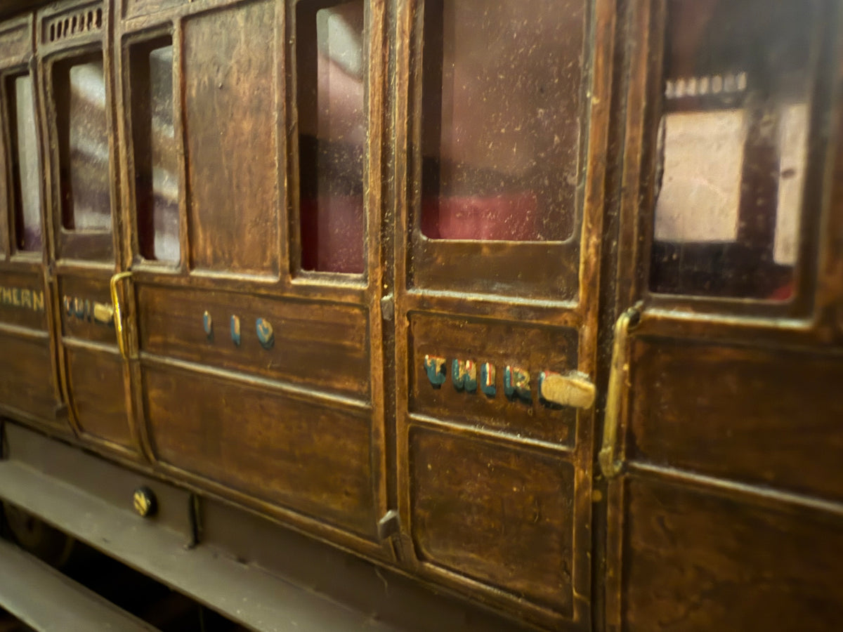 Manufacturer Unknown (O Gauge) Midland & Great Northern Joint Railway, Six Wheel Third Class Compartment Coach No.110. In Work Worn Teak 