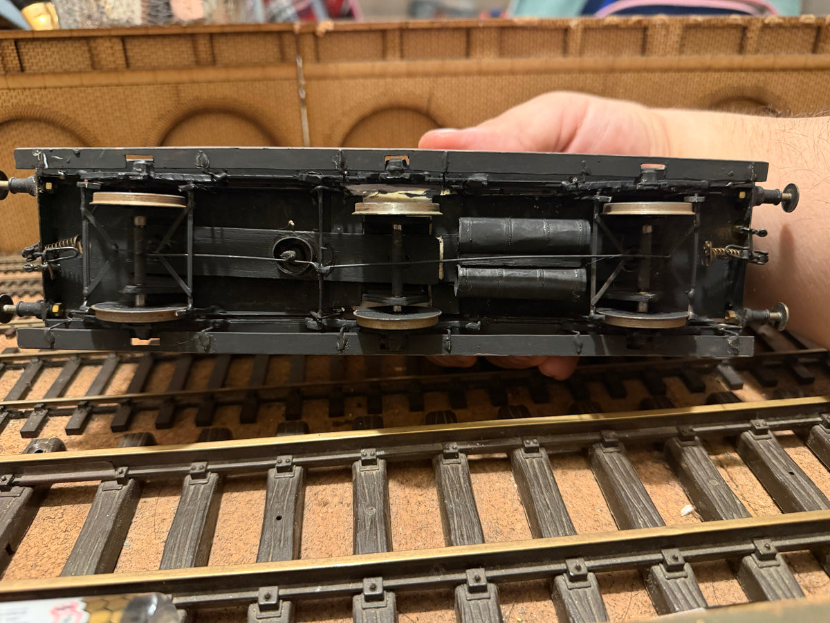 Manufacturer Unknown (O Gauge) Midland & Great Northern Joint Railway, Six Wheel Third Class Compartment Coach No.110. In Work Worn Teak 