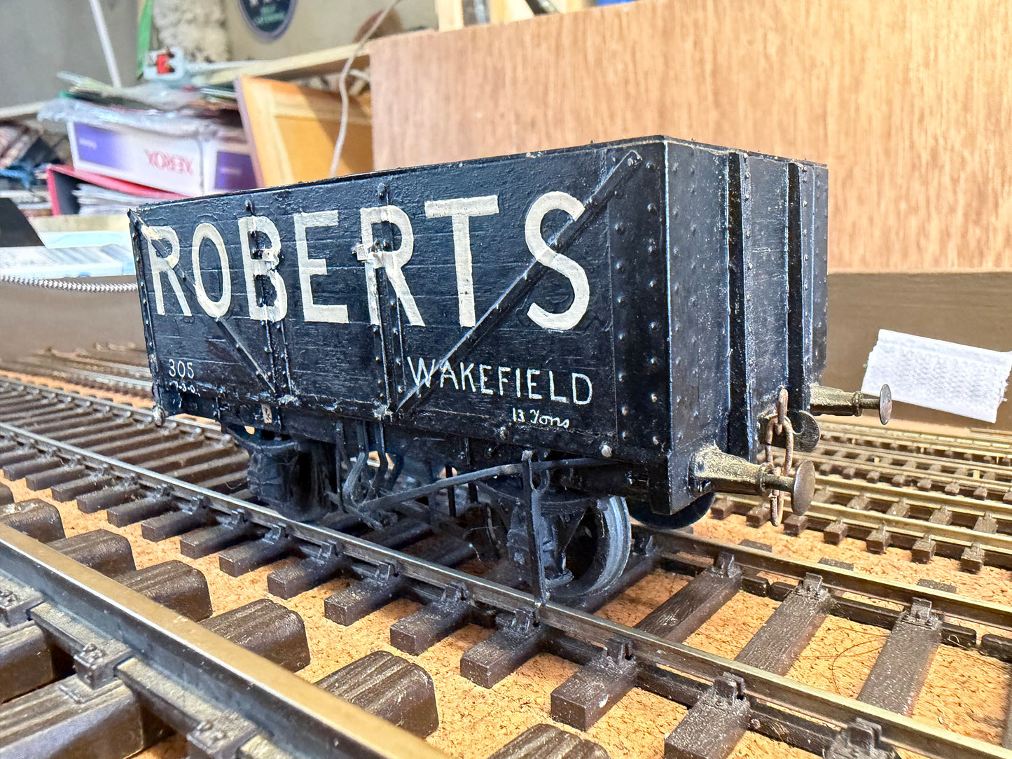 Scratch Built (O Gauge) Charles Roberts & Co Wagon Hire 13T Eight Plank Wagon No.305. In Robert’s Plank with coal load. 
