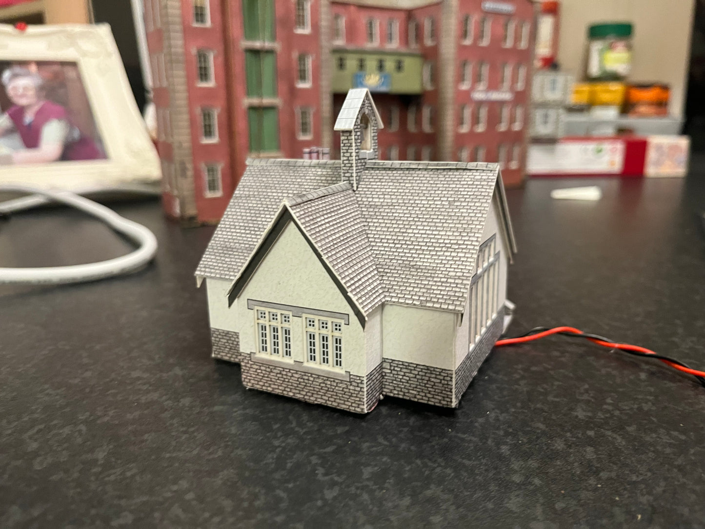 Metcalfe (N Gauge) Village School and bike shed with working lights.